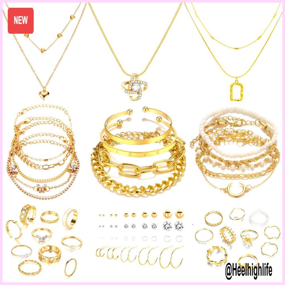 Gold Plated Jewelry Set, Necklace Bracelet Rings Earrings, Adjustable Stackable